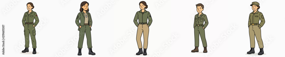 Fototapeta premium A set of vector illustrations of a female soldier posing while standing, with her hands in her pockets.