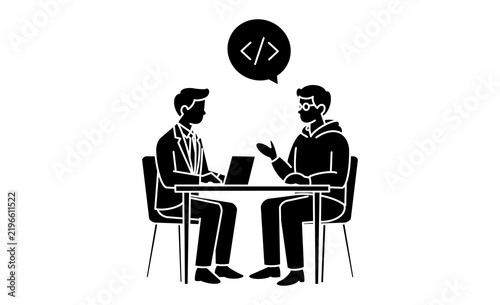 プログラマーとビジネスパーソンによるDX・IT導入・システム開発の打ち合わせを表現した線画素材