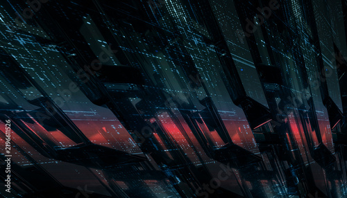 Abstract digital background with glowing blue matrix data lines and red neon horizon 3d render