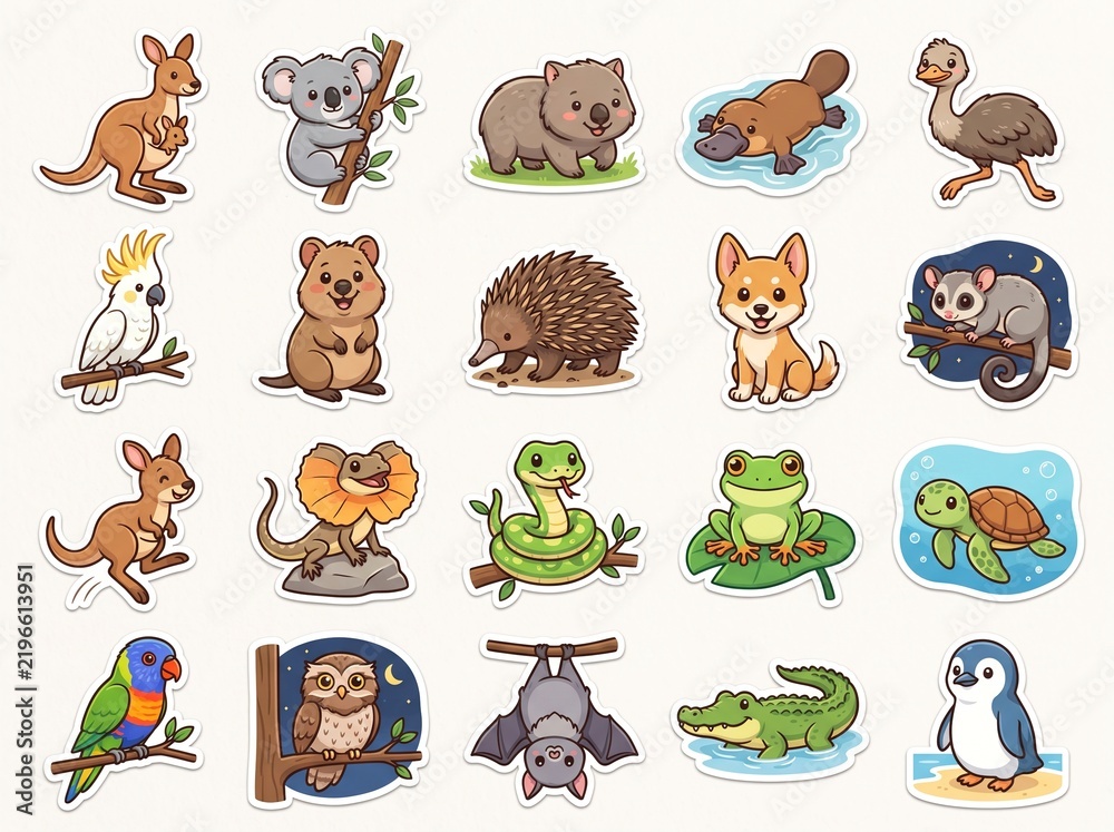 Obraz premium Cute Australian Animals Sticker Set Cartoon Icons