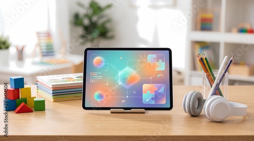 Digital Learning Tablet for Children's Creative Education in Bright Home Room
