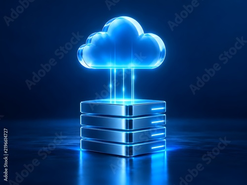 Plakat Cloud computing server hosting infrastructure featuring a glowing blue digital cloud connected to a data storage drive