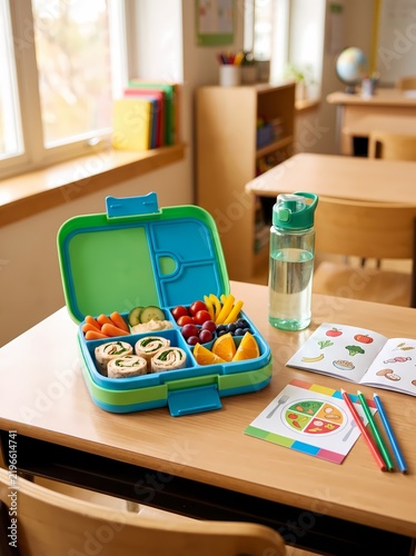 Healthy Children Lunchbox Filled with Fresh Fruits Vegetables and Wraps on School Desk