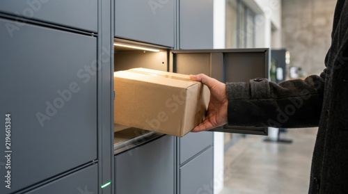 A person taking a cardboard parcel out of a secure electronic delivery locker in a modern building