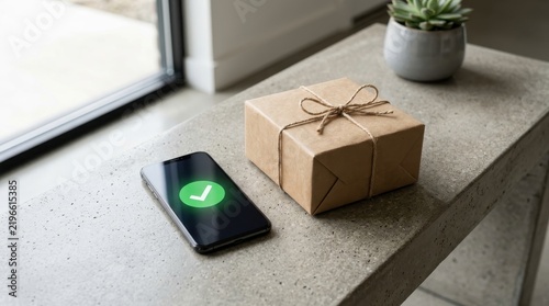 Smartphone with green check mark icon on screen next to a wrapped parcel package on a concrete table