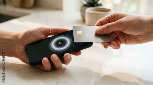 Contactless payment with a smartphone and credit card in a modern home kitchen setting