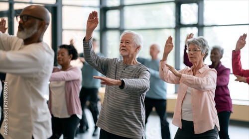Diverse group of senior adults practicing tai chi together in fitness class