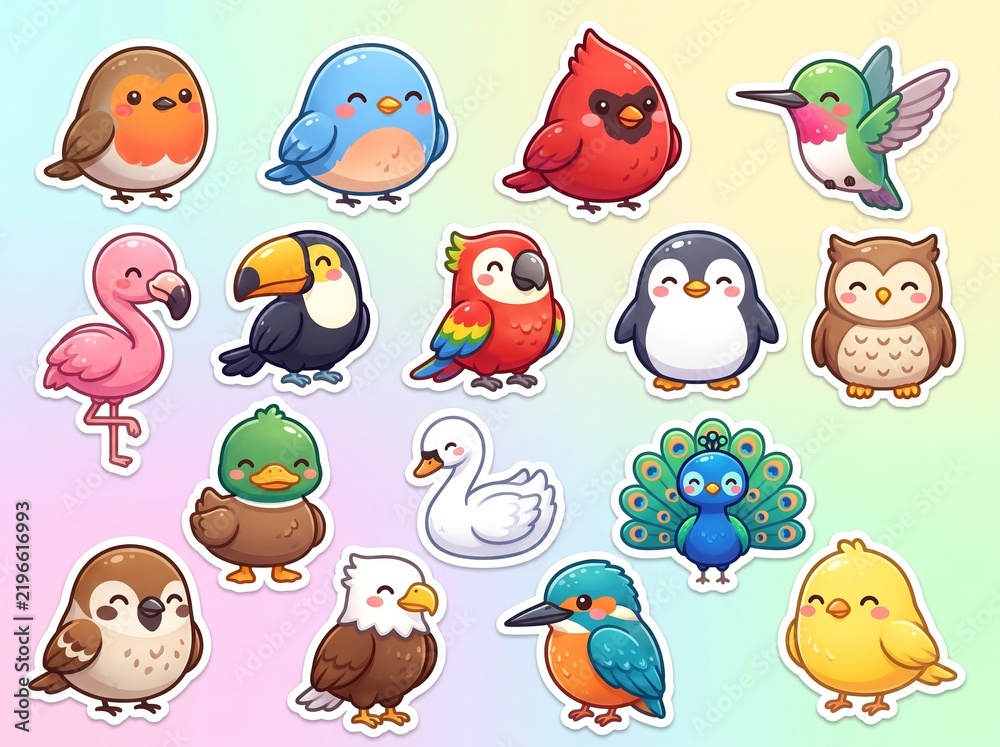 Fototapeta premium Colorful Tropical Birds Sticker Set Cute Icons