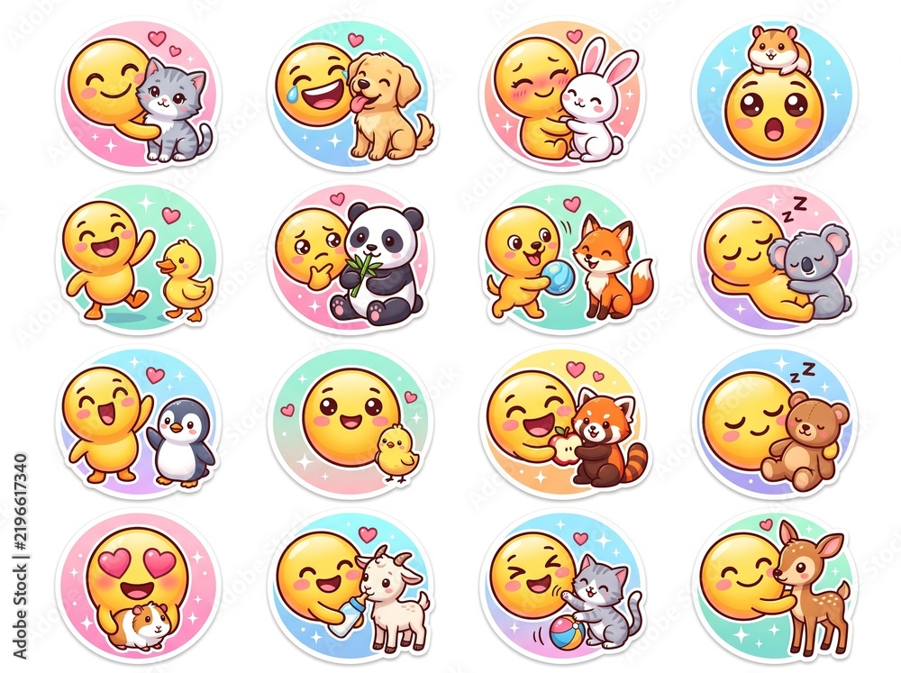 Obraz premium Cute Animal Faces Sticker Set Cartoon Icons