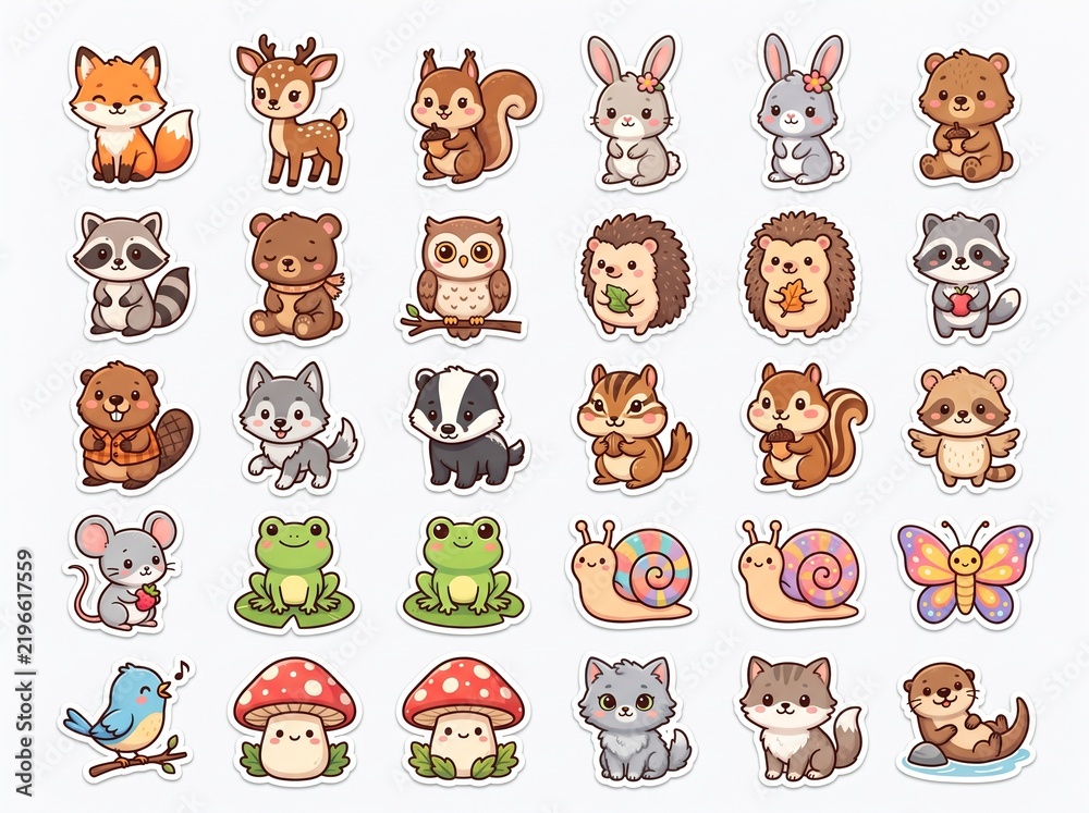 Fototapeta premium Cute Forest Animals Sticker Set Cartoon Icons