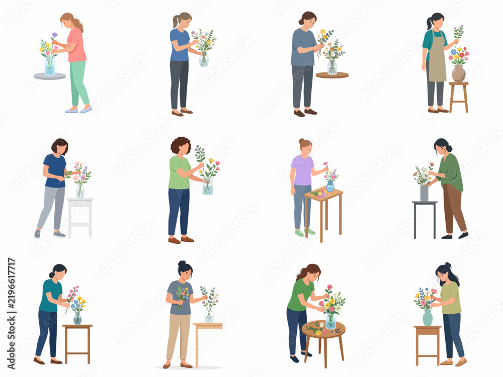 Fototapeta premium Set of diverse women florists arranging beautiful flower bouquets in vases isolated on white background flat vector illustration.