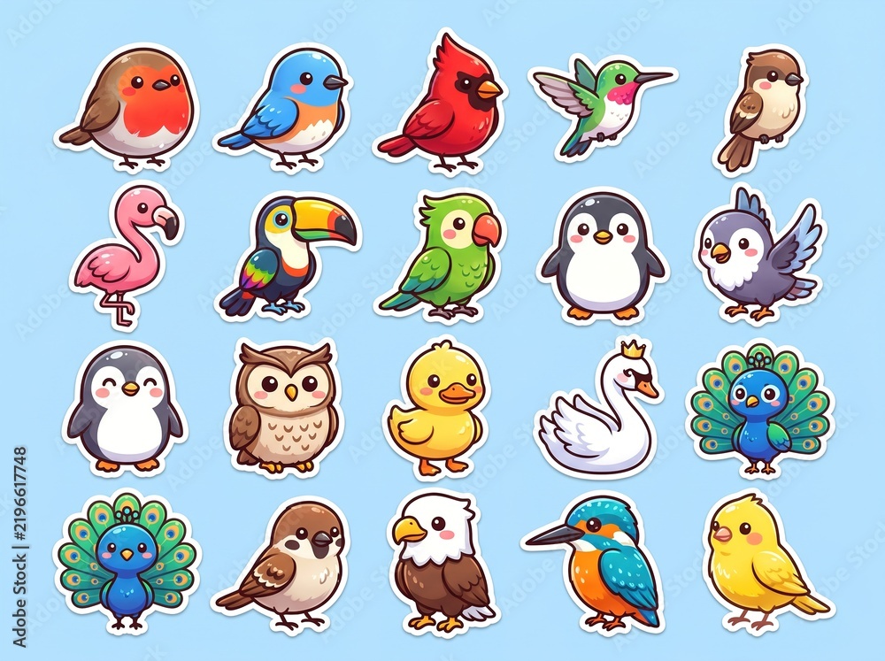 Obraz premium Cute Birds Sticker Set Cartoon Icons
