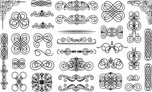 Ornate vintage calligraphic design elements set of black borders and swirls isolated on a transparent background for decoration.