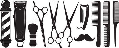 фотографія Barber shop equipment collection with shaving pole clipper scissors razor comb and mustache for male grooming salon service brands