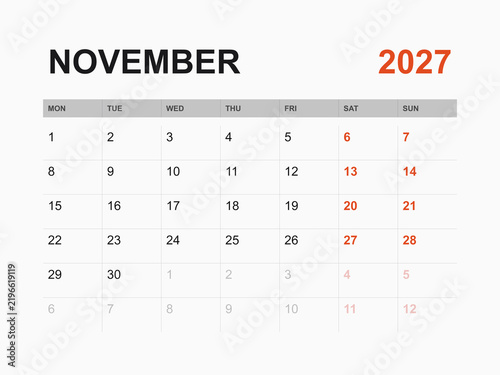Calendar for November 2027 on white background