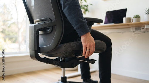 Close-up of a person's hand making an ergonomic adjustment to a modern office chair, optimizing comfort and support in a professional work environment