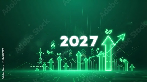 Green 2027 Growth Chart with Upward Arrows and Environmental Icons.