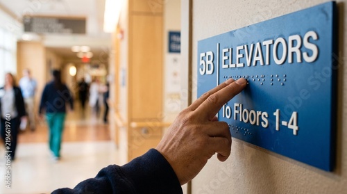 Emphasizing accessibility in public spaces, a hand reads braille on an elevator sign in a modern facility, guiding visually impaired individuals towards independent navigation