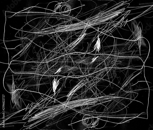 Abstract Monochrome Scribble Texture Pattern with Chaotic White Lines on a Deep Black Background