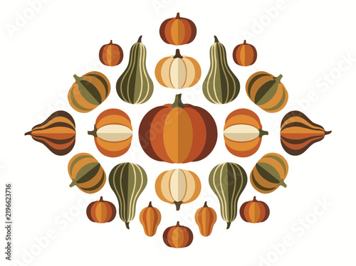 Decorative autumn arrangement featuring various pumpkins and gourds in flat vector design style.
