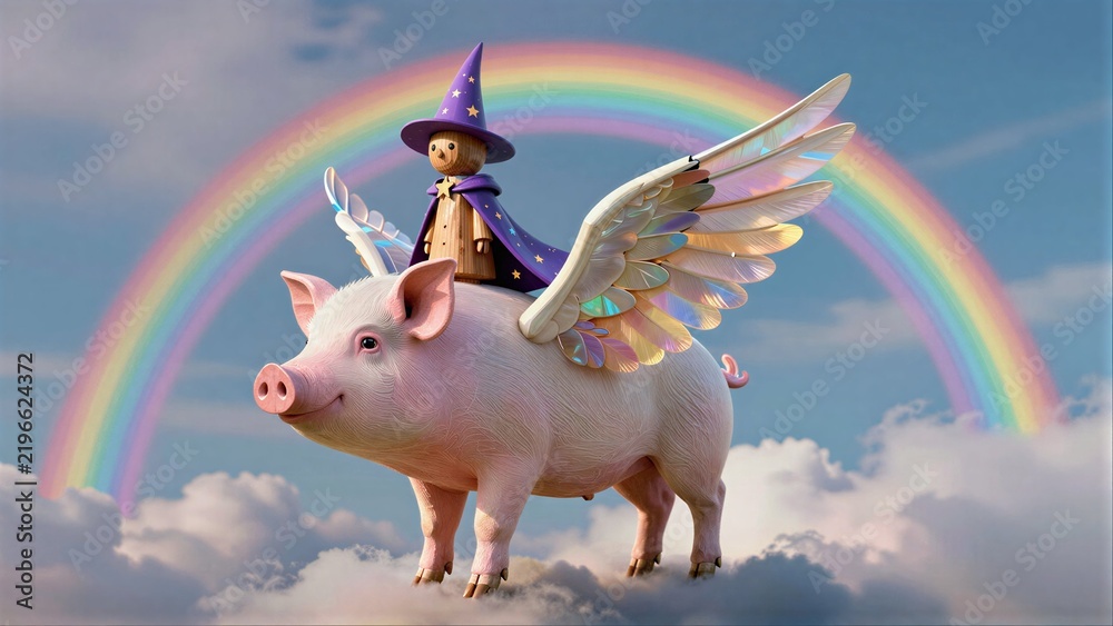 Fototapeta premium Winged pig carries wizard through rainbow sky above fluffy clouds.