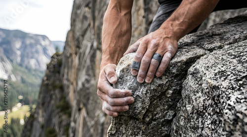Strong climber holds firm grip on rough mountain surface while ascending steep granite cliff face during challenging outdoor adventure activity high above valley floor in beautiful wilderness