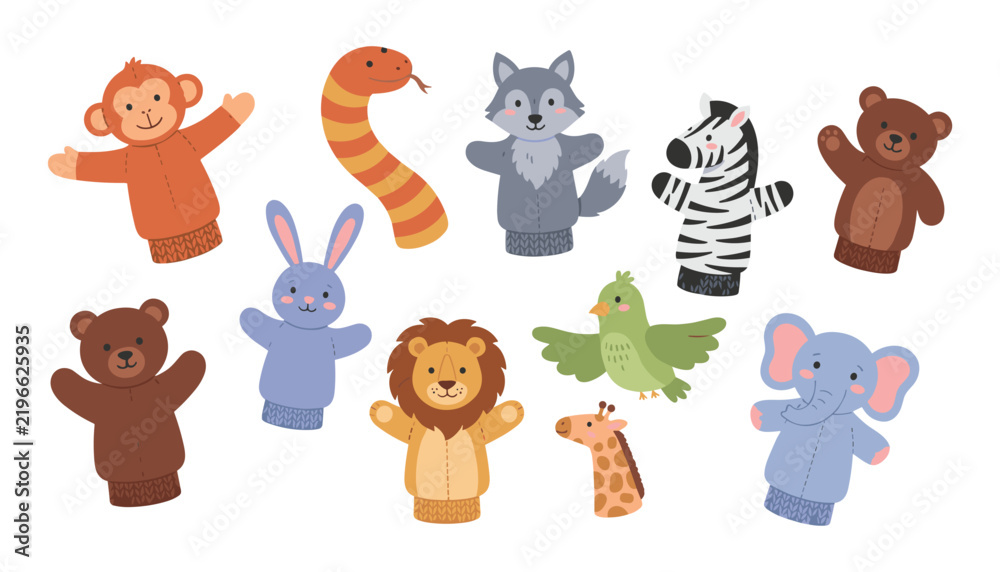 Fototapeta premium Cute cartoon animal hand puppets set with wild zoo and forest creatures vector illustration on white background