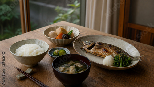 Japanese home meal with rice and miso soup in autumn morning