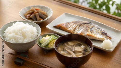 Japanese home meal with rice and miso soup in autumn afternoon