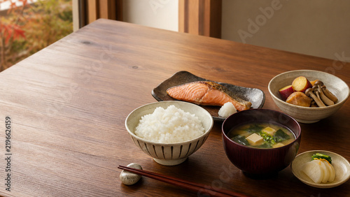 Japanese home meal with rice and miso soup in autumn midday