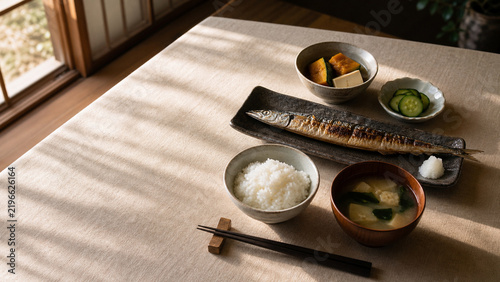Japanese home meal with rice and miso soup in spring morning