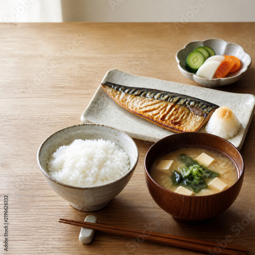 Japanese home meal with rice and miso soup in spring midday
