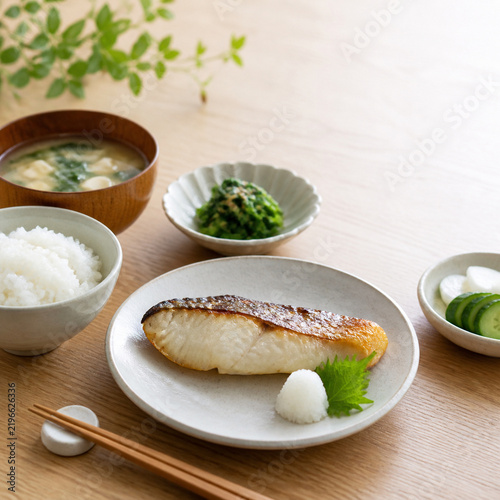 Japanese home meal with rice and miso soup in autumn morning