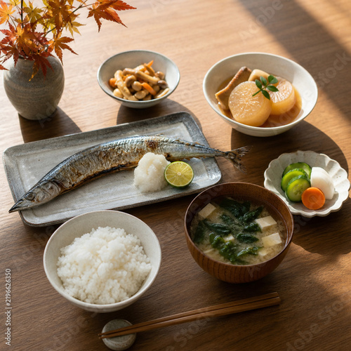 Japanese home meal with rice and miso soup in spring afternoon