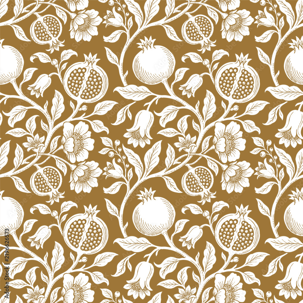 Obraz premium Seamless pomegranate botanical pattern in vintage line art. Floral fruit wallpaper background.