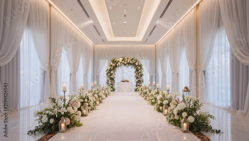 Elegant wedding ceremony hall with floral arch and candlelit aisle, luxury wedding venue and romantic celebration concept with copy space for text