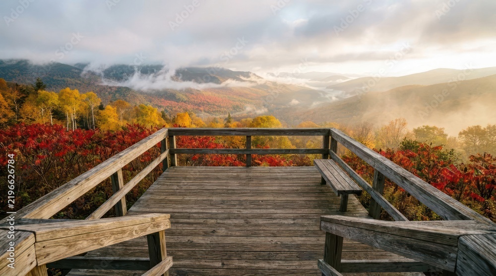 Fototapeta premium Wooden viewing deck overlooking colorful autumn mountain valley.