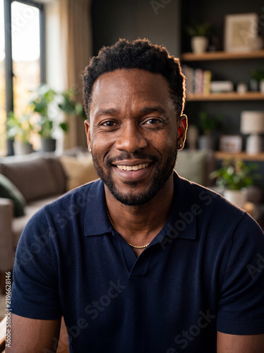 African American man portrait vertical of smiling handsome adult in blue polo shirt sitting in cozy warm living room
