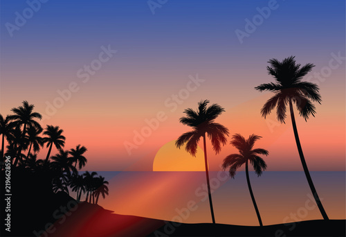 A vector illustration featuring a tropical sunset landscape with silhouetted palm trees, a setting sun, and a light flare reflecting over the water