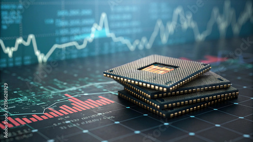 Stack of microchips on financial graph background, illustrating semiconductor supply demand crisis