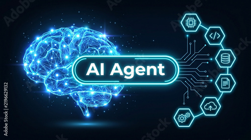 AI Agent concept with glowing digital human brain and technology icons on futuristic circuit background for artificial intelligence automation and machine learning.