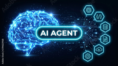 AI Agent concept with glowing digital human brain and technology icons on futuristic circuit background for artificial intelligence automation and machine learning.