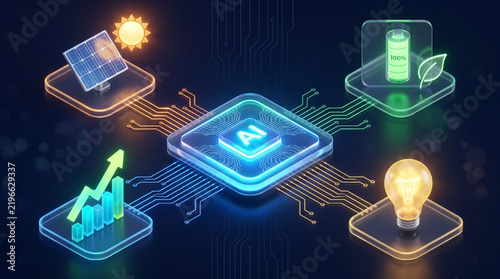 AI microchip connected to solar panel, green battery, innovation idea, and economic growth icons for smart energy management.