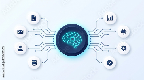 Artificial intelligence AI brain infographic with circuit connections and business automation technology icons on white background.