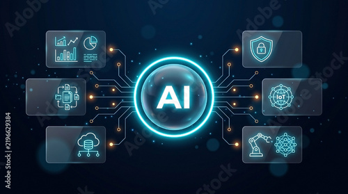Artificial intelligence AI technology concept with glowing sphere circuit board and digital automation icons on dark background.