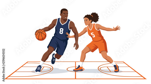 Basketball Showdown: Two athletes, a male and female player, engage in an intense basketball match on a court, showcasing skill and determination.