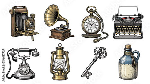 Vintage Objects Collection Isolated on Transparent Background
