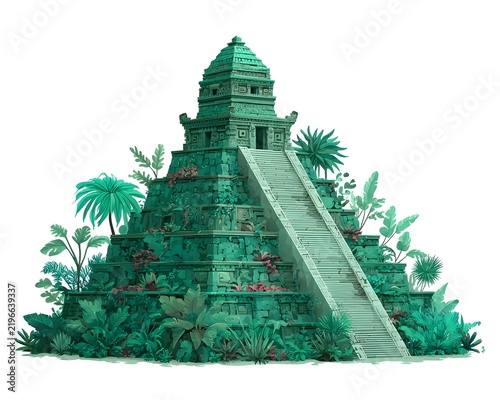 Ancient Pyramid Surrounded by Lush Green Jungle and Tropical Plants