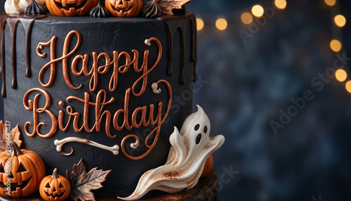 Dark moody Halloween birthday cake with Happy Birthday topper, ghost, and bokeh light