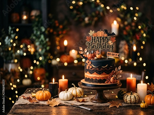Halloween Happy Birthday cake on rustic wooden table with burning candles and bokeh lights